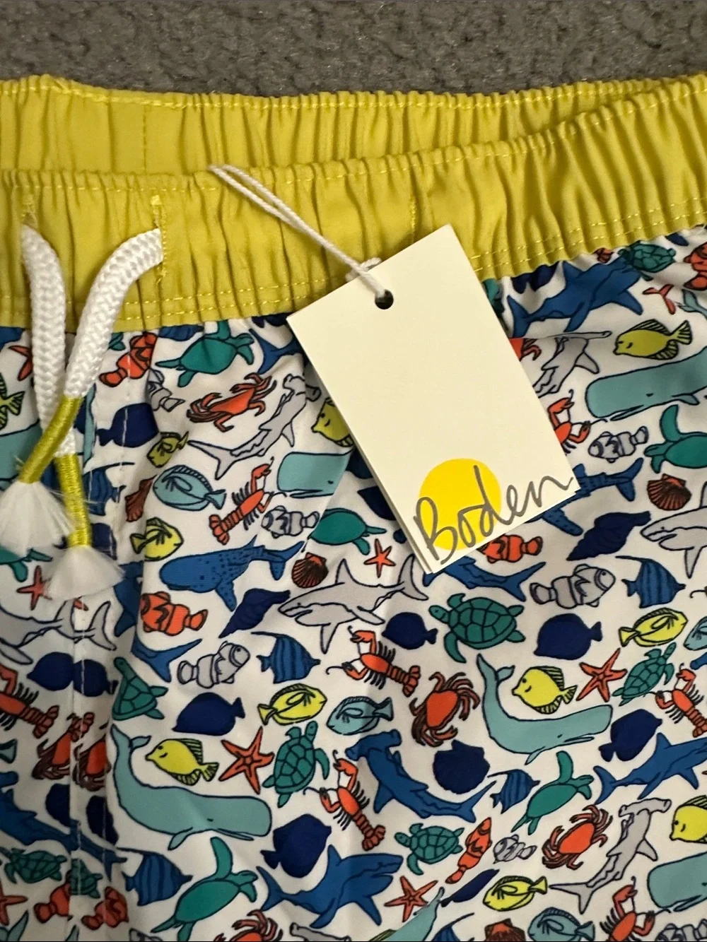 NWT Boden Boys’ Yellow-Waistband Multicolor Fish Print Swim Trunks